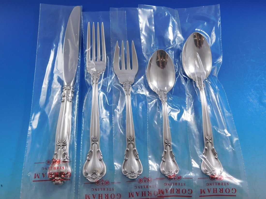 Chantilly by Gorham Sterling Silver Flatware Set Service 60 pcs Place Size New: Chantilly by Gorham Sterling Silver Flatware Set Service 60 pcs Place Size New Finely crafted with the graceful elegance associated with 18th century france, this stately pattern was first introduced