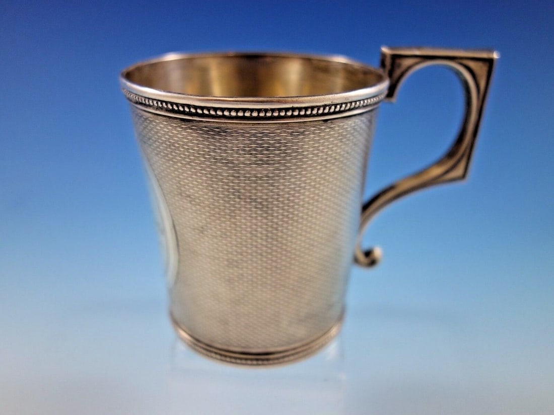 Tifft & Whiting Sterling Silver Baby Child's Cup Mug Engine Turned B.C. 1862: Tifft & Whiting Sterling Silver Baby Child's Cup Mug Engine Turned B.C. 1862 Tifft & whitingantique tifft & whiting sterling silver child's cup with brite-cut design, engine turned, with center cartou