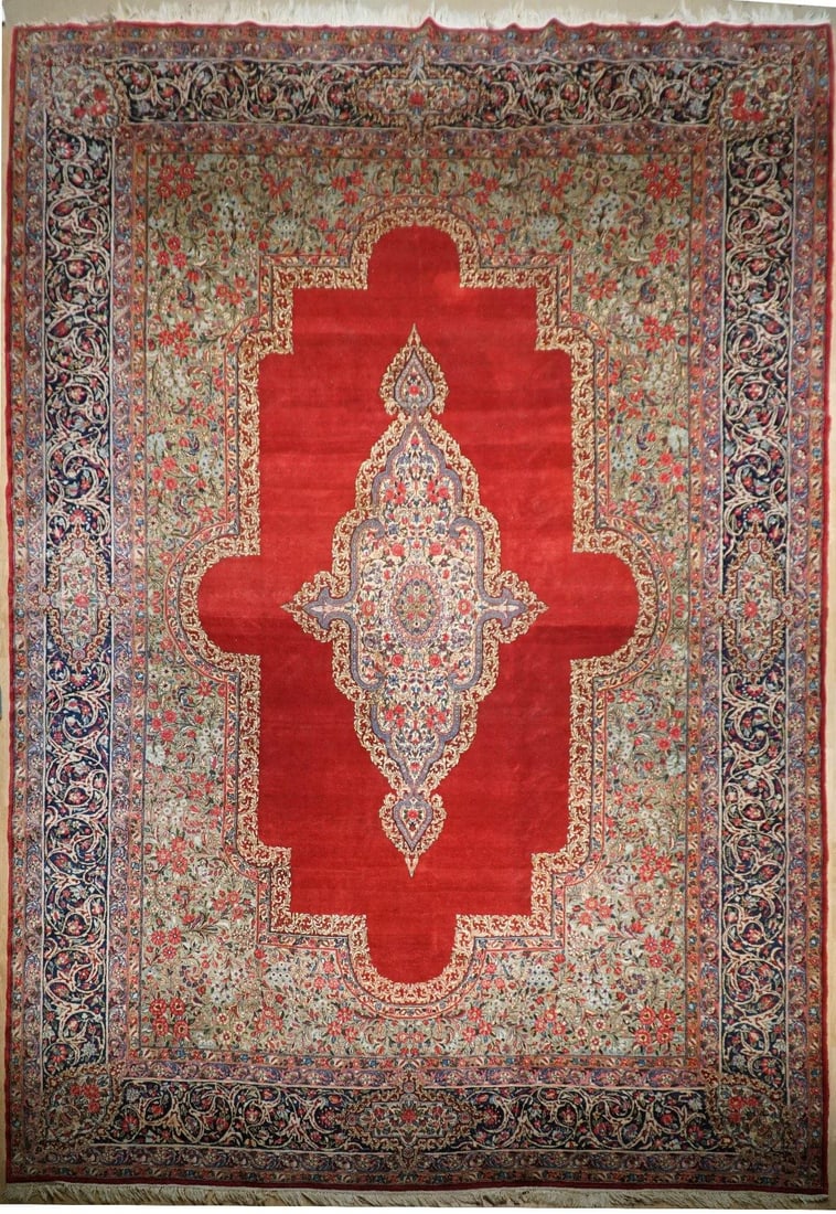 10 x 14 Red Traditional Persian Kerman Rug: 10 x 14 Red Traditional Persian Kerman Rug Free continental US Shipping Size in Feet: Width: 10 x Length: 14 Size in Inches: Width: 120 in x Length: 168 in Colors: Red Ivory Black Weave: 100% Handmade