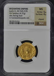 Justin II AD 565-578 BYZANTINE EMPIRE AV Solidus NGC MS60: Justin II AD 565-578 BYZANTINE EMPIRE AV Solidus NGC MS60 Certification: NGC Certification Number: 3819010016 Grade: MS60 Pre-Owned The MYNT Guarantee: All items in this auction are guaranteed to be 1