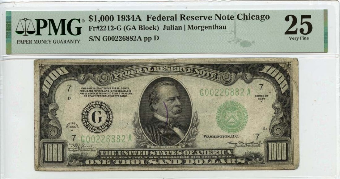 1934A $1000 Federal Reserve Note Chicago Green Fr#2212-G PMG VF25: 1934A $1000 Federal Reserve Note Chicago Green Fr#2212-G PMG VF25 Certification: PMG Certification Number: 2196604004 Grade: VF25 Circulated/Uncirculated: Circulated Denomination: Federal Reserve Note