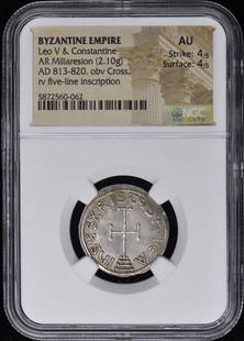 Leo V & Constantine BYZANTINE EMPIRE AR Miliaresion NGC AU50: Leo V & Constantine BYZANTINE EMPIRE AR Miliaresion NGC AU50 Certification: NGC Certification Number: 5872560062 Grade: AU50 Pre-Owned The MYNT Guarantee: All items in this auction are guaranteed to b
