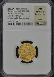 Theophilus AD 829-842 BYZANTINE EMPIRE AV Solidus NGC AU50: Theophilus AD 829-842 BYZANTINE EMPIRE AV Solidus NGC AU50 Certification: NGC Certification Number: 3070720061 Grade: AU50 Pre-Owned The MYNT Guarantee: All items in this auction are guaranteed to be