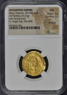 Maur.Tiberius AD 582-602 BYZANTINE EMPIRE Solidus NGC AU50 Die Shift: Maur.Tiberius AD 582-602 BYZANTINE EMPIRE Solidus NGC AU50 Die Shift Certification: NGC Certification Number: 4374622002 Grade: AU50 Pre-Owned The MYNT Guarantee: All items in this auction are guarant