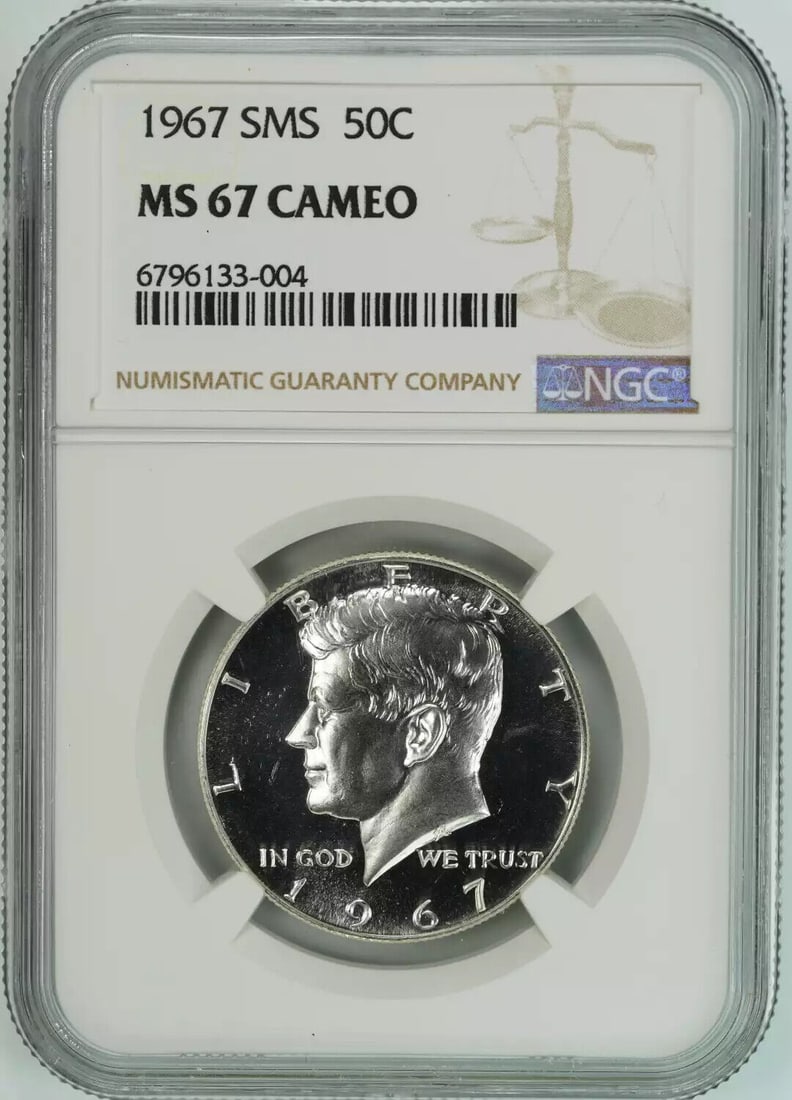 1967 SMS KENNEDY HALF DOLLAR 50C NGC CERTIFIED MS 67 MINT UNC - CAMEO (004): 1967 SMS KENNEDY HALF DOLLAR 50C NGC CERTIFIED MS 67 MINT UNC - CAMEO (004) Certification: NGC Composition: Silver Grade: MS 67 Year: 1967 Circulated/Uncirculated: Uncirculated Mint Location: PHILADEL