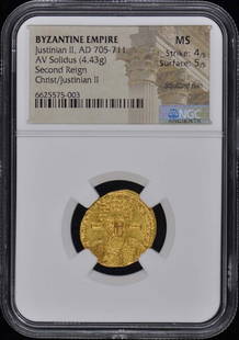 Justinian II AD 705-711 BYZANTINE EMPIRE AV Solidus NGC MS60 Christ: Justinian II AD 705-711 BYZANTINE EMPIRE AV Solidus NGC MS60 Christ Certification: NGC Certification Number: 6625575003 Grade: MS60 Pre-Owned The MYNT Guarantee: All items in this auction are guarante