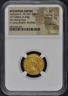 Constans II AD 641-668 BYZANTINE EMPIRE AV Solidus NGC XF40: Constans II AD 641-668 BYZANTINE EMPIRE AV Solidus NGC XF40 Certification: NGC Certification Number: 5872555055 Grade: XF40 Pre-Owned The MYNT Guarantee: All items in this auction are guaranteed to be