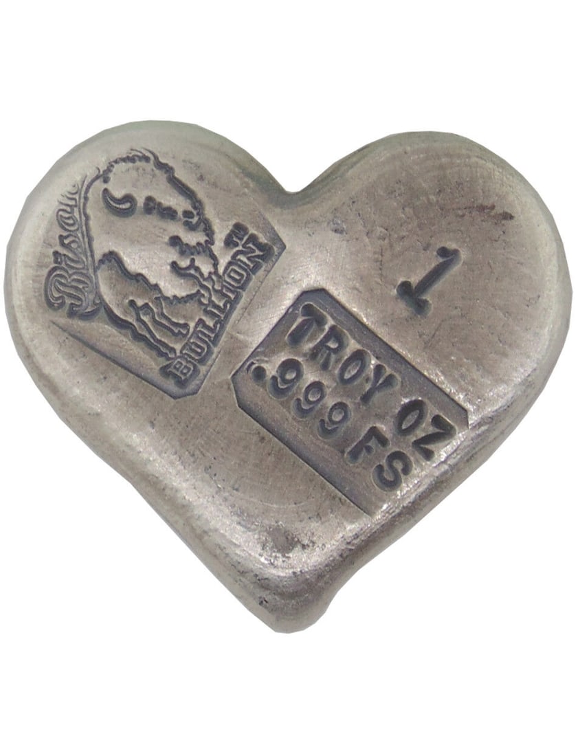 1 TROY OUNCE .999 FINE SILVER HAND POURED BISON BULLION FANCY BAR HEART: 1 TROY OUNCE .999 FINE SILVER HAND POURED BISON BULLION FANCY BAR HEART Pre-Owned The MYNT Guarantee: All items in this auction are guaranteed to be 100% authentic. At Your Service: At MYNT, our Custo