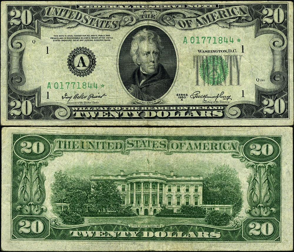 FR. 2060 A* $20 1950-A Federal Reserve Note Boston A-* Block VF Star: FR. 2060 A* $20 1950-A Federal Reserve Note Boston A-* Block VF Star Circulated/Uncirculated: Circulated Grade: VF Certification: Uncertified Denomination: $20 Type: Federal Reserve Note Year: 1950-A