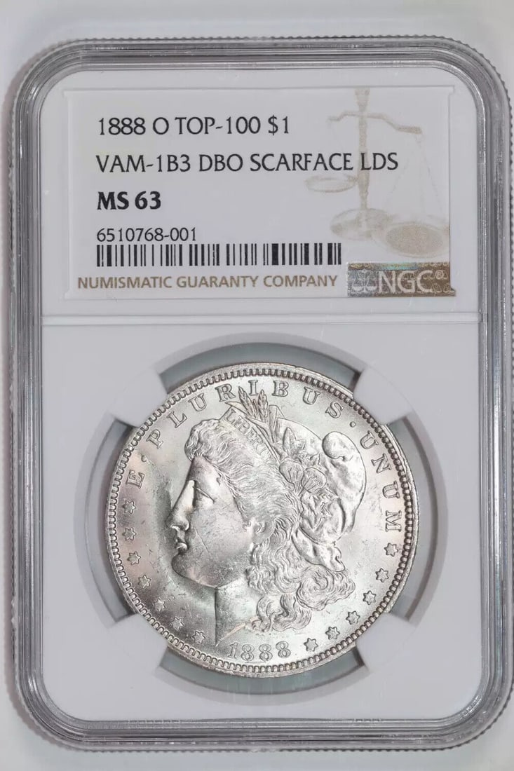 1888-O VAM-1B "SCARFACE" LATE DIE STATE TOP 100 MORGAN DOLLAR NGC MS63 - RARE!!: 1888-O VAM-1B "SCARFACE" LATE DIE STATE TOP 100 MORGAN DOLLAR NGC MS63 - RARE!! Coin: Morgan Circulated/Uncirculated: Uncirculated Denomination: Dollar Composition: Silver Year: 1888 Certification No.