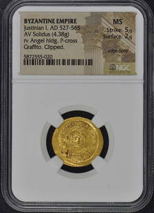 Justinian I AD 527-565 BYZANTINE EMPIRE AV Solidus NGC MS60: Justinian I AD 527-565 BYZANTINE EMPIRE AV Solidus NGC MS60 Certification: NGC Certification Number: 5872555020 Grade: NONE Pre-Owned The MYNT Guarantee: All items in this auction are guaranteed to be