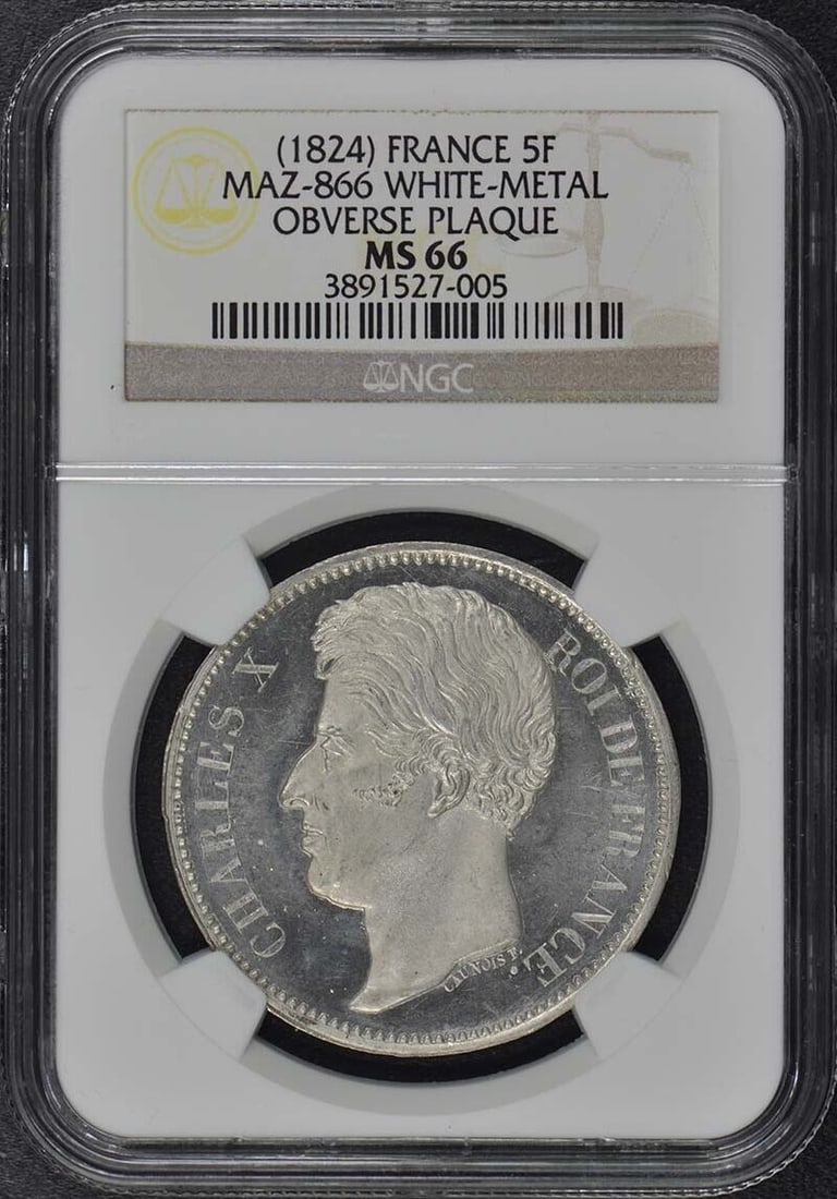 1824 ESSAI FRANCE 5F Maz-866 NGC MS66 White Metal Obv. Plaque: 1824 ESSAI FRANCE 5F Maz-866 NGC MS66 White Metal Obv. Plaque Circulated/Uncirculated: Uncirculated Year: 1824 Certification: NGC Certification Number: 3891527005 Grade: MS66 Pre-Owned The MYNT Guaran
