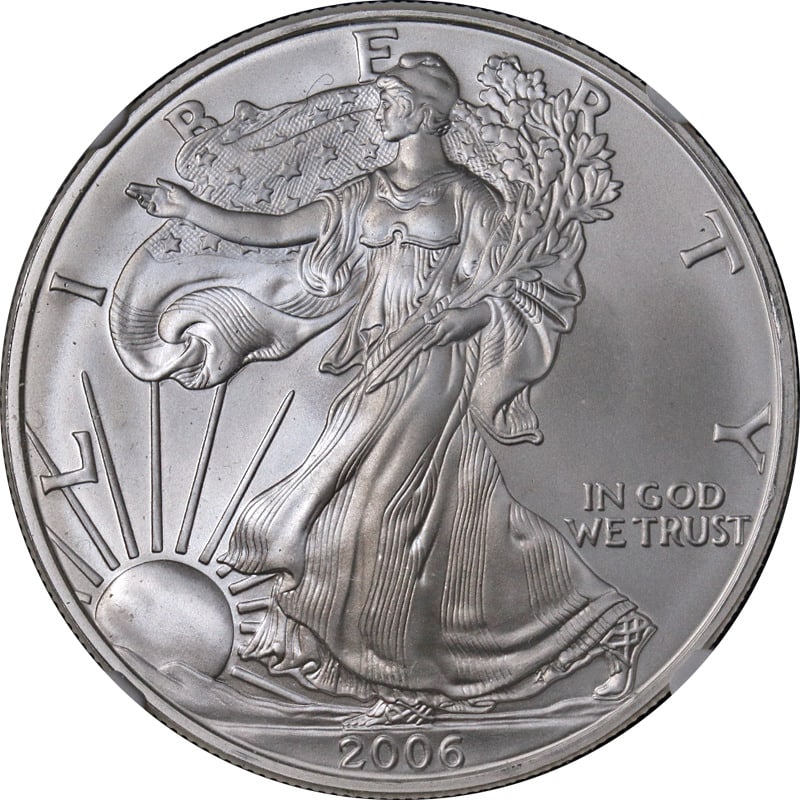 2006 Silver American Eagle $1 NGC MS70 Brown Label - STOCK: 2006 Silver American Eagle $1 NGC MS70 Brown Label - STOCK Certification: NGC Grade: MS70 Composition: Silver Year: 2006 Pre-Owned The MYNT Guarantee: All items in this auction are guaranteed to be 10