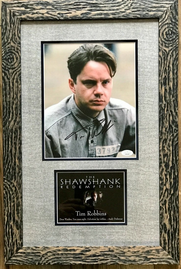 TIM ROBBINS (The Shawshank Redemption) signed custom framed display-JSA HH22259: TIM ROBBINS (The Shawshank Redemption) signed custom framed display-JSA HH22259 Movie: The Shawshank Redemption Autograph Authentication: James Spence (JSA) Industry: Movies Original/Reproduction: Ori