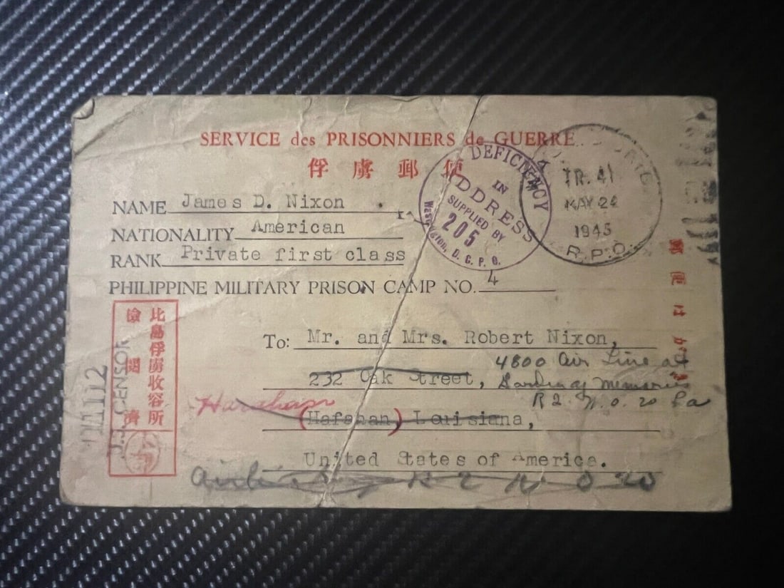 1945 Japan Prisoner of War Postcard Cover Philippine Military Prison Camp to USA: 1945 Japan Prisoner of War Postcard Cover Philippine Military Prison Camp to USA Place Of Origin: Japan Quality: Used Grade: Ungraded Certification: Uncertified Pre-Owned While the lot images are repr