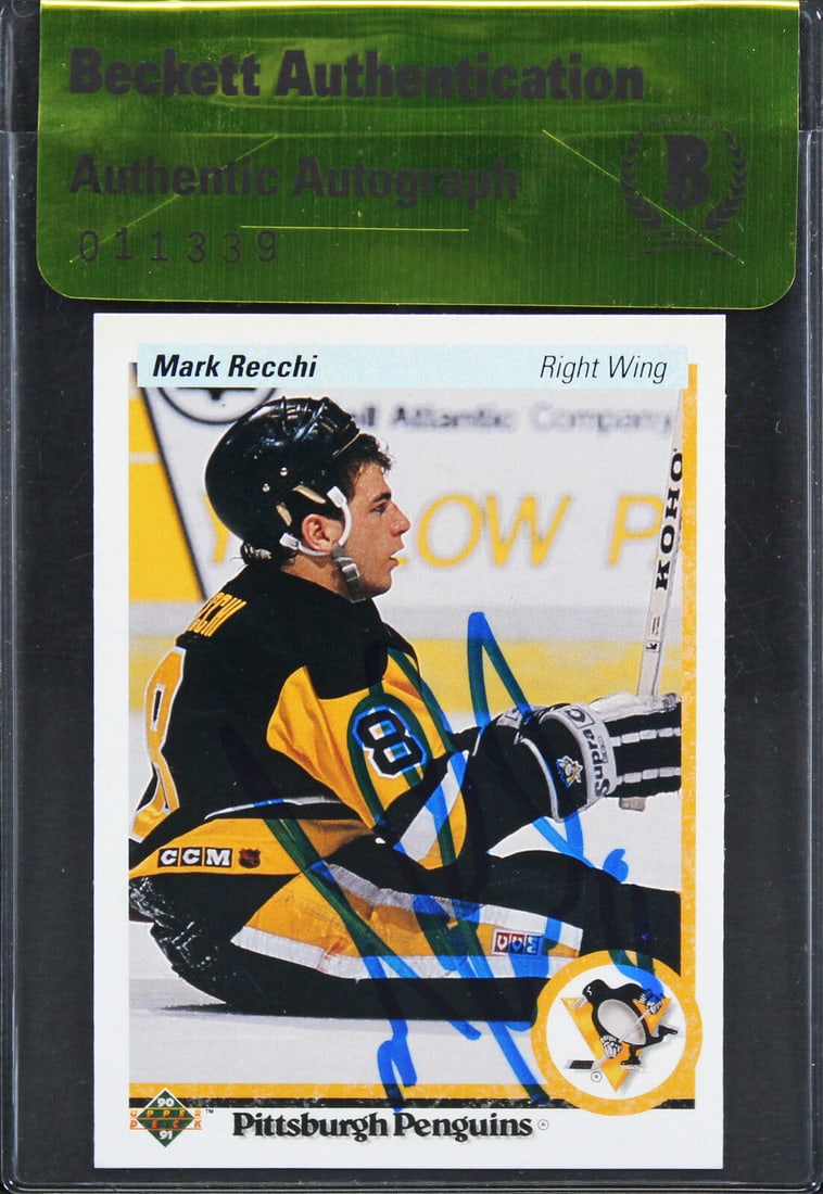 Penguins Mark Recchi Signed 1990 Upper Deck #178 Card BAS #11339: Penguins Mark Recchi Signed 1990 Upper Deck #178 Card BAS #11339 Graded: No Sport: Ice Hockey League: NHL Team: Pittsburgh Peguins Certification Number: 11339 Product Coa: Beckett Product Signed By Na