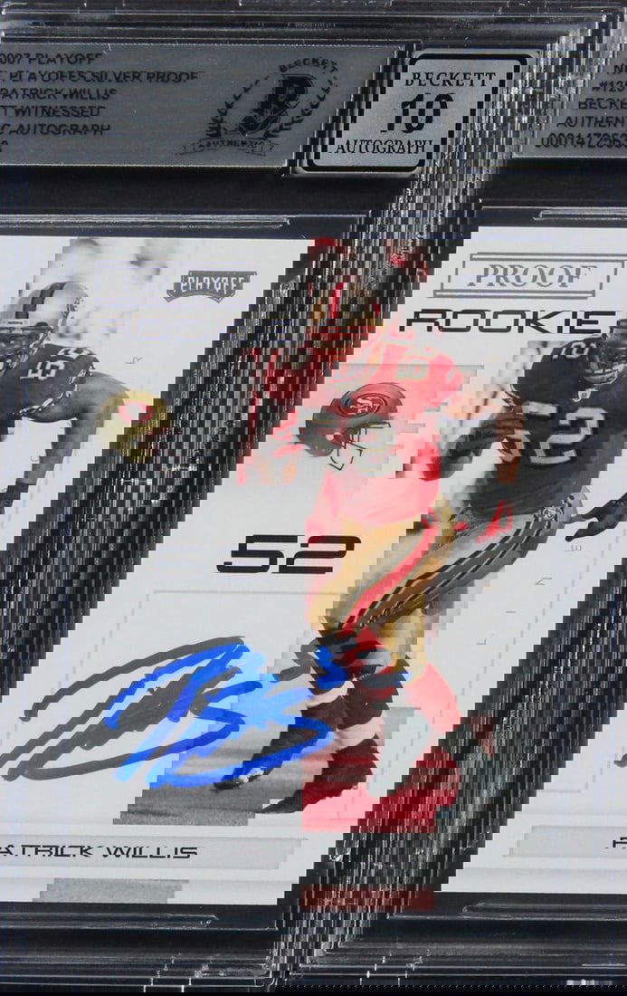 Patrick Willis Signed 2007 Playoff Silver Proof 125 /50 RC Card Auto 10 BAS Slab: Patrick Willis Signed 2007 Playoff Silver Proof 125 /50 RC Card Auto 10 BAS Slab Sport: Football-NFL League: NFL Team: San Francisco 49ers Graded: Yes Product Coa: Beckett Product Signed By Name: Patr