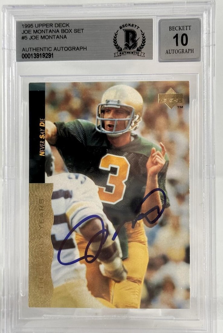 1995 Upper Deck Box Set #5 Joe Montana Auto Notre Dame BAS Autograph 10: 1995 Upper Deck Box Set #5 Joe Montana Auto Notre Dame BAS Autograph 10 Graded: No Sport: Football Player/Athlete: Joe Montana Manufacturer: Upper Deck Box Set Season: 1995 Features: Autograph Set: 19