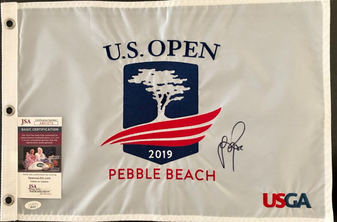 JUSTIN ROSE signed 2019 USGA U.S. OPEN PEBBLE BEACH Pin Flag-JSA AB13274: JUSTIN ROSE signed 2019 USGA U.S. OPEN PEBBLE BEACH Pin Flag-JSA AB13274 Product: Flag Player: Justin Rose Sport: Golf-PGA Autograph Authentication: James Spence Authentication (JSA) Original/Reprint: