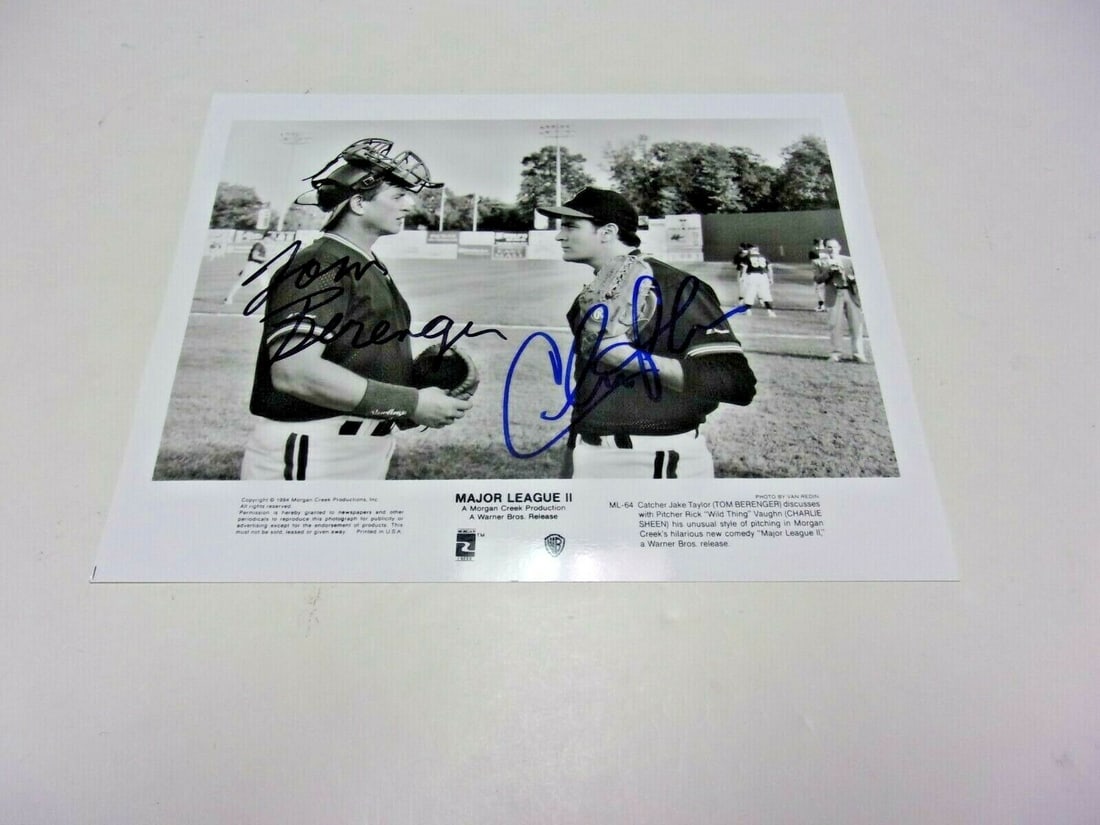 CHARLIE SHEEN TOM BERENGER MAJOR LEAGUE MOVIE W/COA SIGNED 8X10 PHOTO: CHARLIE SHEEN TOM BERENGER MAJOR LEAGUE MOVIE W/COA SIGNED 8X10 PHOTO Original/Reproduction: Original Object Type: Photograph Industry: Movies Pre-Owned While the lot images are representative of the 