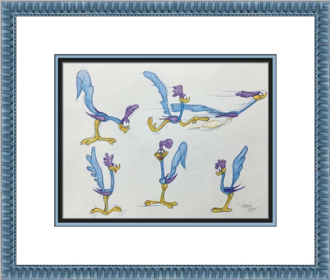Virgil Ross Original Signed Model Sheet Drawing Road Runner Custom Framed BI: Virgil Ross Original Signed Model Sheet Drawing Road Runner Custom Framed BI Animation Studio: Warner Bros Character: Road Runner Signed By: Virgil Ross Tradition: Western Animation Signed: Yes Title: