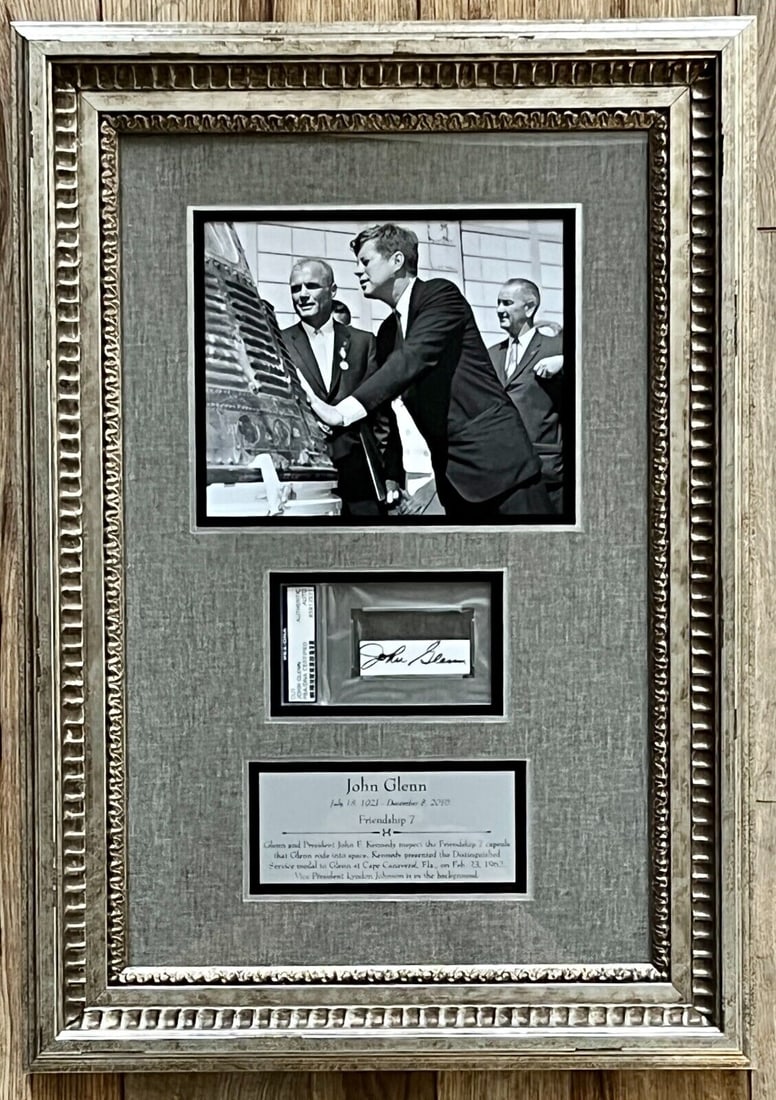 JOHN GLENN d.1999 (Astronaut/Senator) signed custom framed display-PSA: JOHN GLENN d.1999 (Astronaut/Senator) signed custom framed display-PSA Autograph Authentication: Professional Sports (PSA/DNA) Signed: Yes Industry: Space Original/Reproduction: Original Signed By: Jo