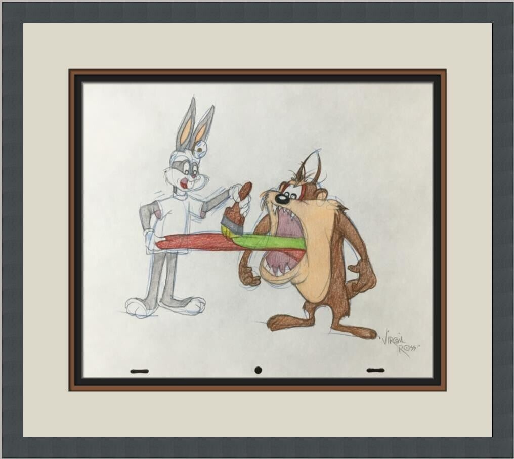 Virgil Ross Original Signed Model Sheet Drawing Taz & Bugs Bunny Custom Frame II: Virgil Ross Original Signed Model Sheet Drawing Taz & Bugs Bunny Custom Frame II Animation Studio: Warner Bros Character: Taz Bugs Bunny Signed By: Virgil Ross Tradition: Western Animation Signed: Yes