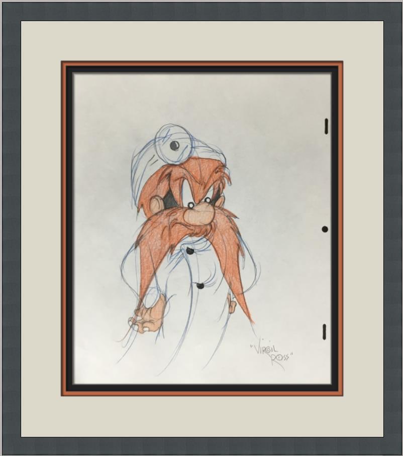 Virgil Ross Original Signed Model Sheet Drawing Yosemite Sam Doctor Custom Frame: Virgil Ross Original Signed Model Sheet Drawing Yosemite Sam Doctor Custom Frame Animation Studio: Warner Bros Character: Yosemite Sam Signed By: Virgil Ross Tradition: Western Animation Signed: Yes T