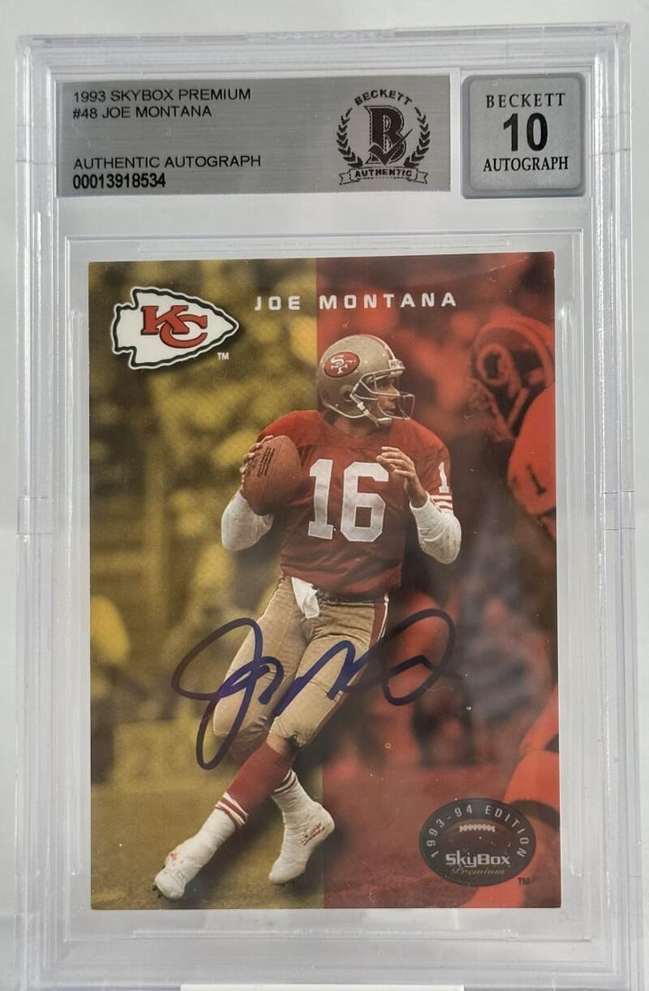1993 Skybox Premium #48 Joe Montana Auto San Francisco 49ers BAS Autograph 10: 1993 Skybox Premium #48 Joe Montana Auto San Francisco 49ers BAS Autograph 10 Graded: No Sport: Football Player/Athlete: Joe Montana Manufacturer: Skybox Premium Features: Autograph Season: 1993 Set: 