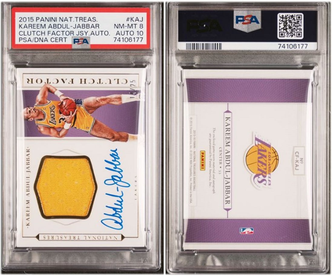Kareem Abdul Jabbar 2015 National Treasures Clutch Factor Auto 14/25 PSA: Kareem Abdul Jabbar 2015 National Treasures Clutch Factor Auto 14/25 PSA Sport: Baseball Player/Athlete: Nick Lodolo Manufacturer: Panini League: MLB Team: Los Angeles Lakers Card Number: #BD179 Year 