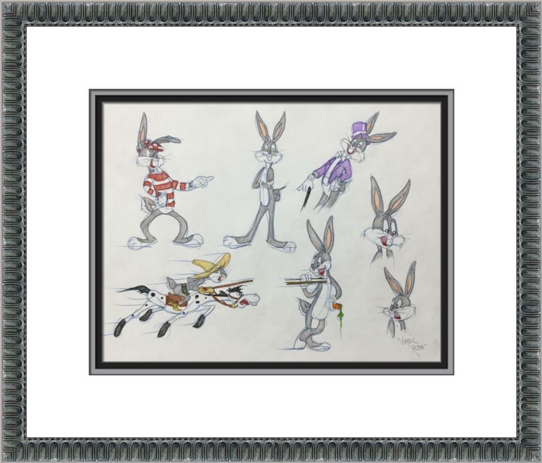 Virgil Ross Original Signed Model Sheet Drawing Bugs Bunny Mixed Custom Framed: Virgil Ross Original Signed Model Sheet Drawing Bugs Bunny Mixed Custom Framed Animation Studio: Warner Bros Character: Bugs Bunny Signed By: Virgil Ross Tradition: Western Animation Signed: Yes Title