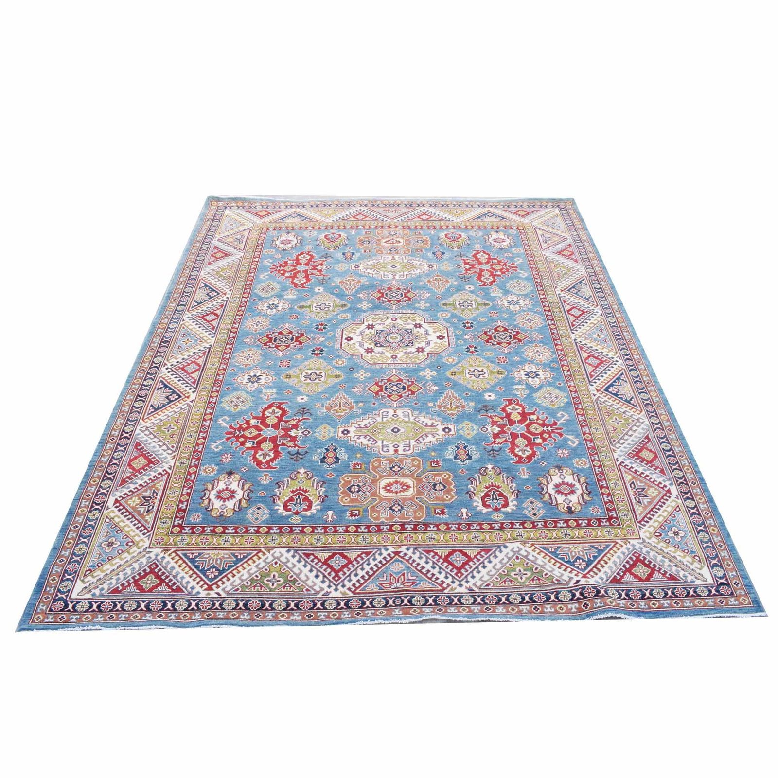 9 x 12 Beautiful Handmade Light Blue Kazak Rug- Natural Wool: 9 x 12 Beautiful Handmade Light Blue Kazak Rug- Natural Wool Free continental US Shipping Size in Feet: Width: 9 x Length: 12 Size in Inches: Width: 107 in x Length: 140 in Colors: Light Blue Ivory re