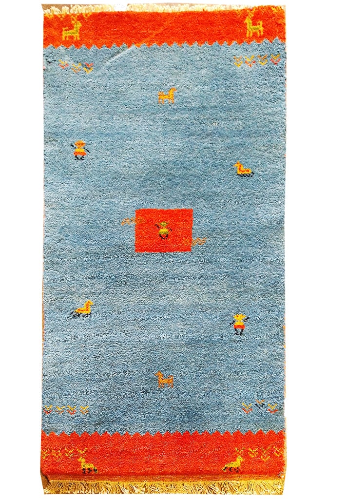 2 x 4 Handknotted Gabbeh Rug Blue Coral: 2 x 4 Handknotted Gabbeh Rug Blue Coral Free continental US Shipping Size in Feet: Width: 2 x Length: 4 Size in Inches: Width:28 in x Length:54 in Rug Type: Area Rug Colors: Blue Coral Weave: Hand-Kno