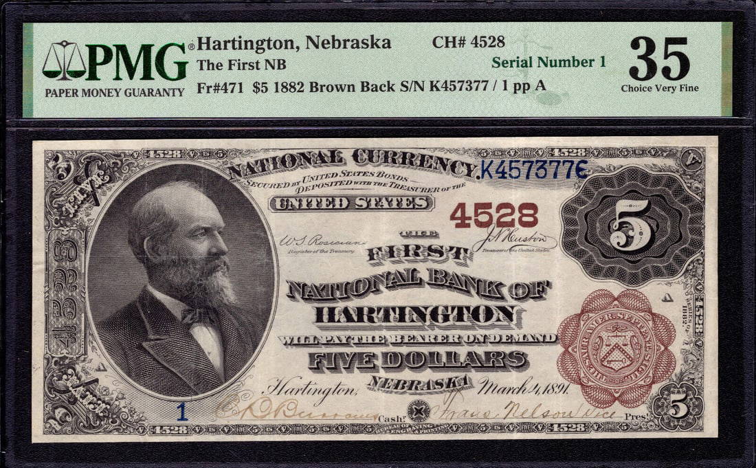 1882 5 First National Banknote Hartington Nebraska Serial 1 Brown