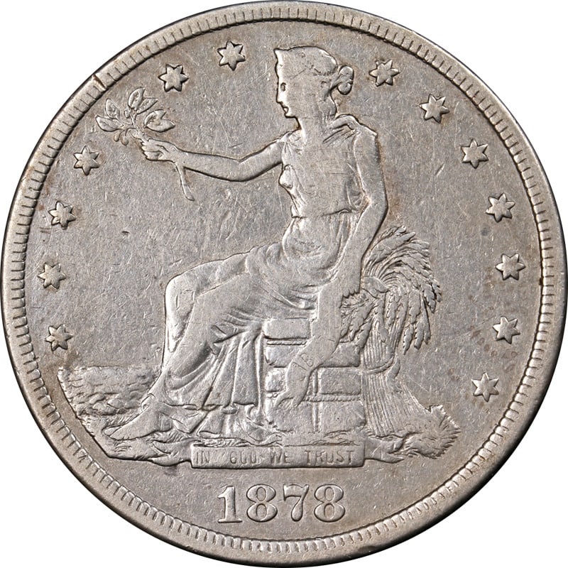 1878-S Trade Dollar Nice F Nice Eye Appeal Nice Strike: 1878-S Trade Dollar Nice F Nice Eye Appeal Nice Strike Certification: Uncertified Circulated/Uncirculated: Circulated Mint Location: San Francisco Composition: Silver Grade: Nice F Year: 1878 Pre-Owne