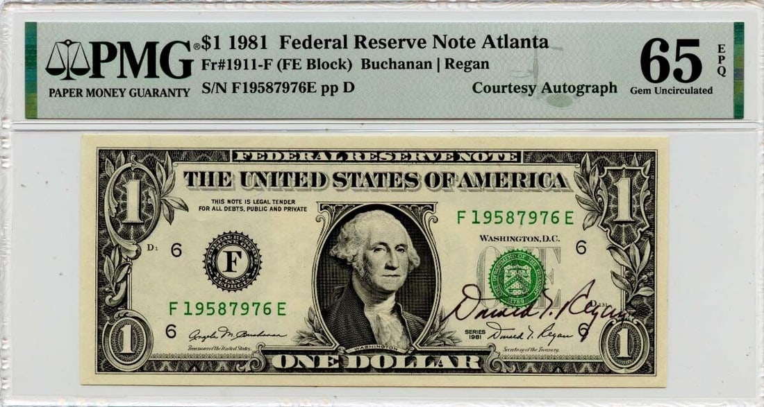 1981 $1 Federal Reserve Note Atlanta Fr# 1911-F PMG Gem 65 EPQ: 1981 $1 Federal Reserve Note Atlanta Fr# 1911-F PMG Gem 65 EPQ Certification: PMG Certification Number: 2022573002 Grade: MS65 Circulated/Uncirculated: Uncirculated Denomination: Federal Reserve Note 