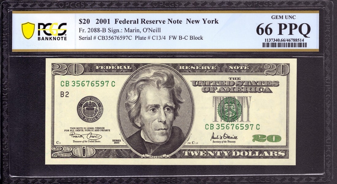 2001 $20 FEDERAL RESERVE NOTE NEW YORK FR.2088-B CBC BLOCK PCGS B GEM UNC 66 PPQ: 2001 $20 FEDERAL RESERVE NOTE NEW YORK FR.2088-B CBC BLOCK PCGS B GEM UNC 66 PPQ Circulated/Uncirculated: Uncirculated Denomination: $20 Type: Banknotes Year: 2001 Certification Number: 46788514 Grade