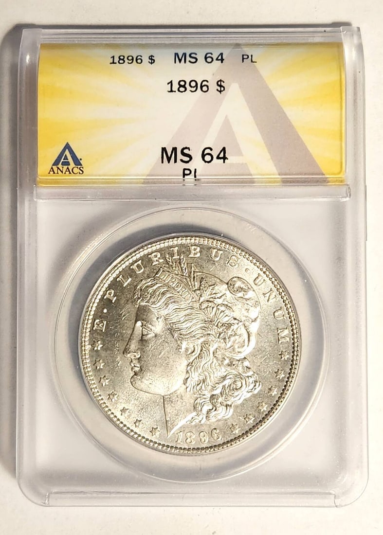 1896 P Morgan Silver Dollar ANACS MS-64 PL - A PREMIUM COIN: 1896 P Morgan Silver Dollar ANACS MS-64 PL - A PREMIUM COIN Certification: ANACS Composition: Silver Grade: MS 64 Year: 1896 Circulated/Uncirculated: Uncirculated Mint Location: Philadelphia Country: 