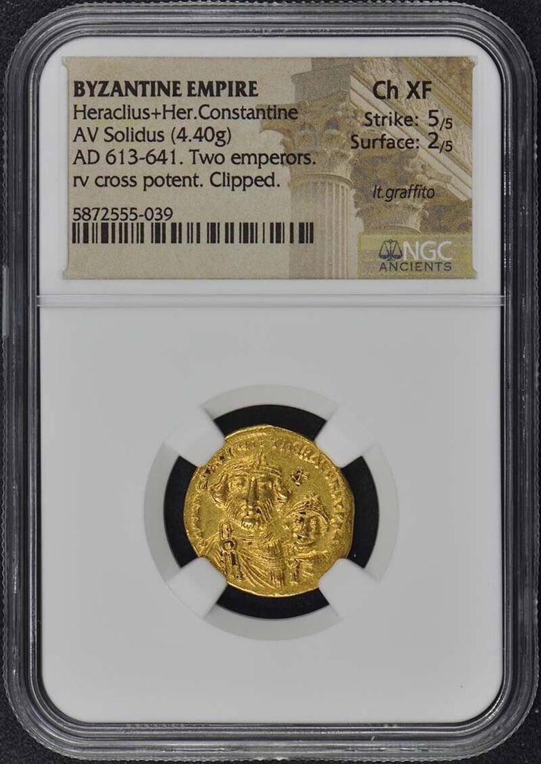 Heraclius+Her.Constantine BYZANTINE EMPIRE AV Solidus NGC XF45: Heraclius+Her.Constantine BYZANTINE EMPIRE AV Solidus NGC XF45 Certification: NGC Certification Number: 5872555039 Grade: XF45 Pre-Owned The MYNT Guarantee: All items in this auction are guaranteed to