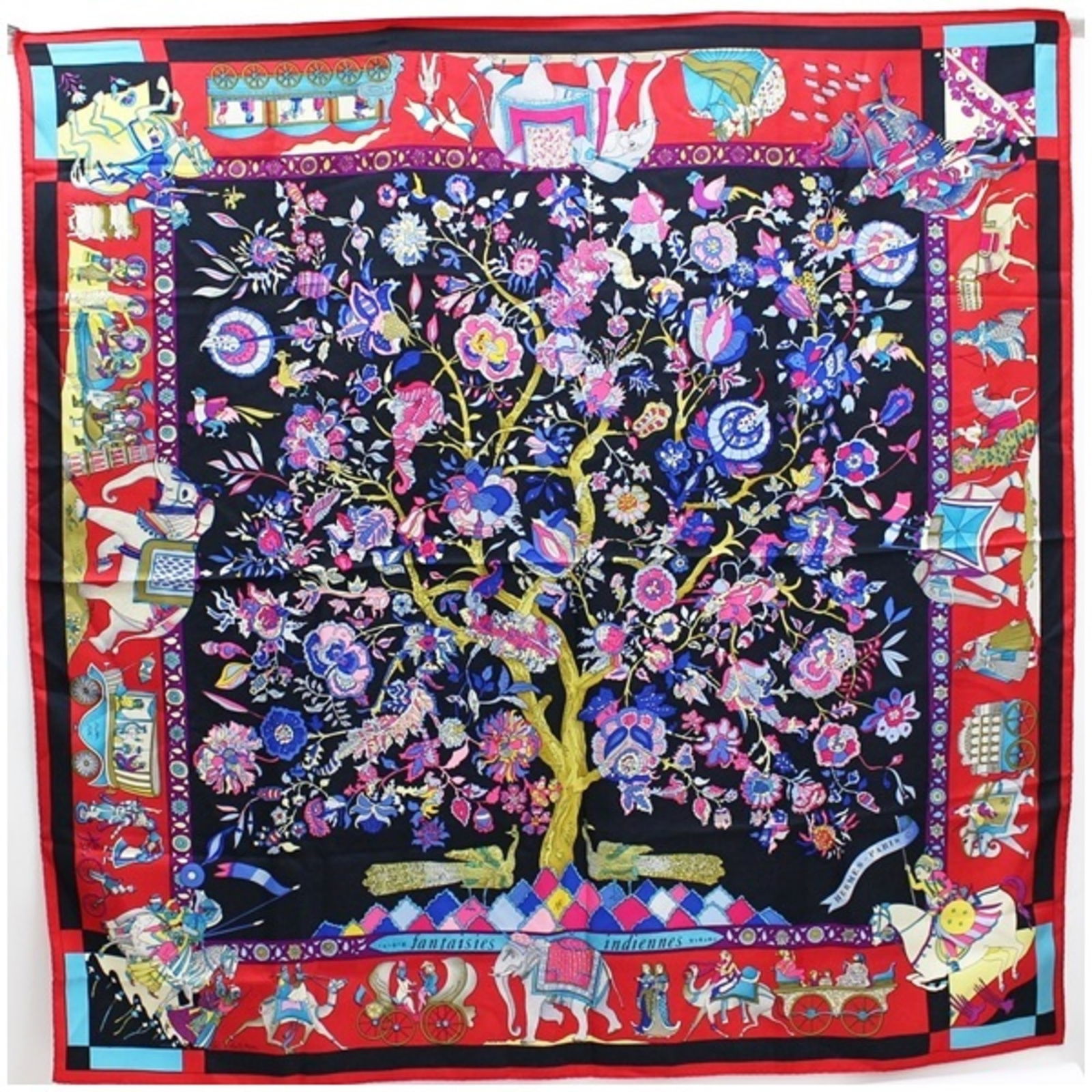 Hermes Silk Scarf Muffler Carre 90 Fantaisies indiennes Dazzling India Red HERMES Women's: Hermes Silk Scarf Muffler Carre 90 Fantaisies indiennes Dazzling India Red HERMES Women's Brand: Hermes Country of Origin: India Type: Scarf Gender: Men Women Unisex Color: Black Red color Material: S