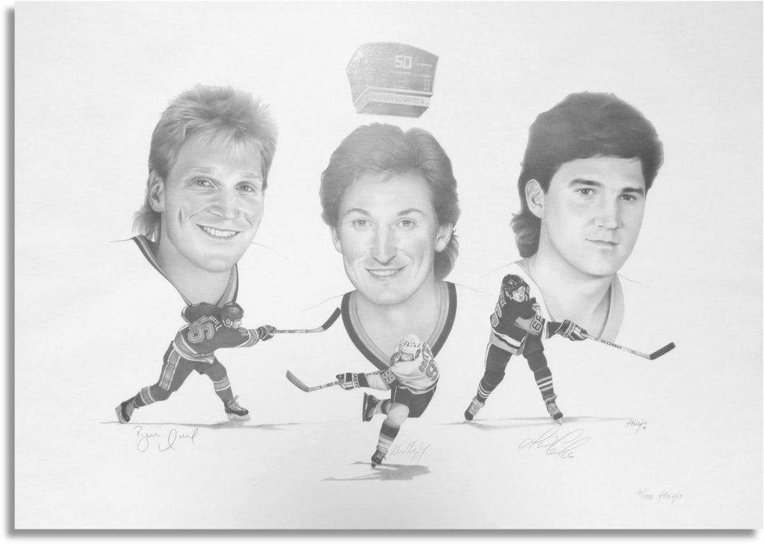 Wayne Gretzky Brett Hull Mario Lemieux Signed 50 Goals 50 Games Litho: Wayne Gretzky Brett Hull Mario Lemieux Signed 50 Goals 50 Games Litho Sport: Hockey Product: Photo Original/Reprint: Original Player: Wayne Gretzky Team: Edmonton Oilers Pre-Owned While the lot images
