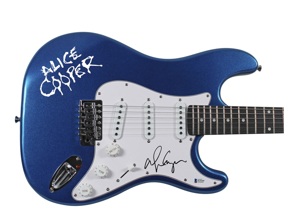 Alice Cooper Signed Blue Electric Guitar w/ Decal BAS Witnessed: Alice Cooper Signed Blue Electric Guitar w/ Decal BAS Witnessed Industry: Music Object Type: Guitar & Guitar Pick Original/Reproduction: Original Autograph Authentication: Beckett Product Coa: Beckett