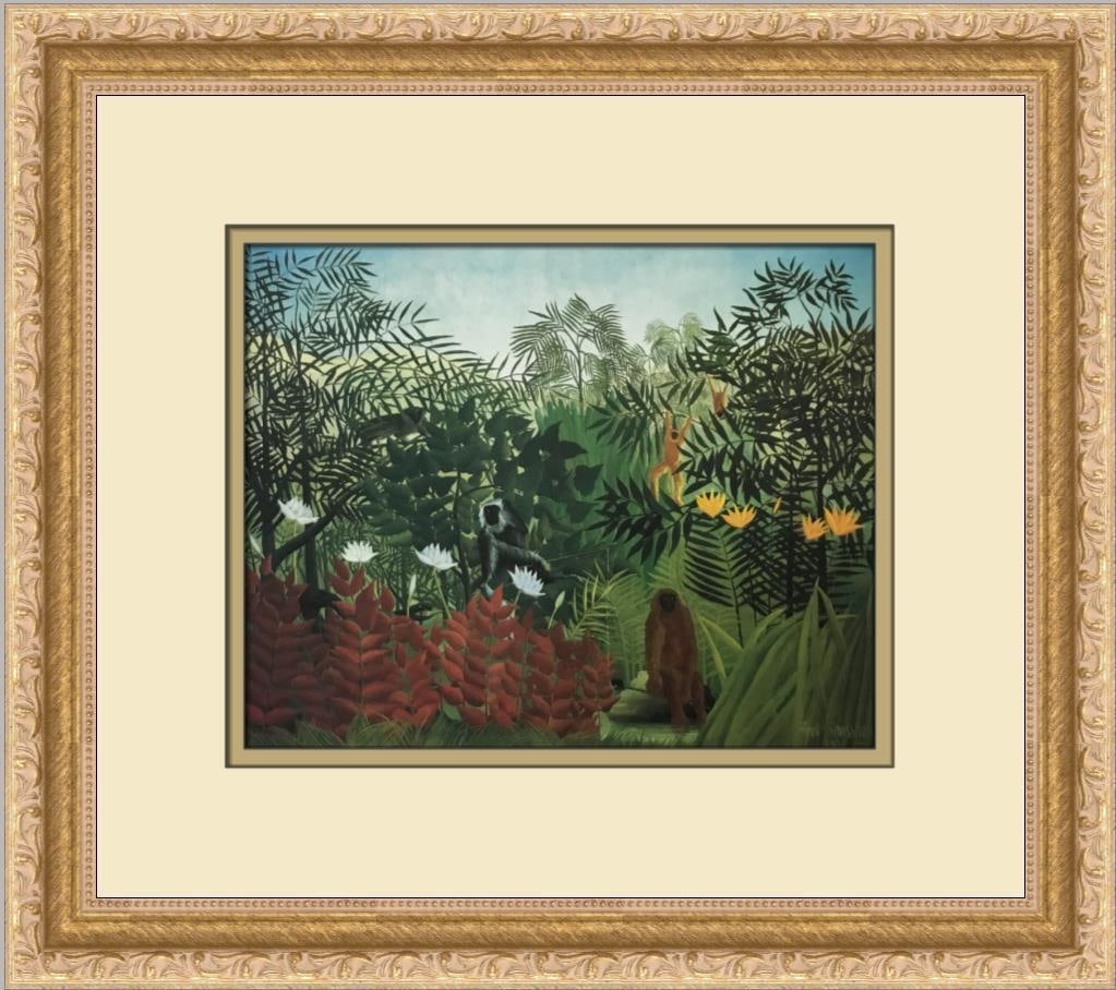 Henri Rousseau Tropical Forest with Monkeys Custom Framed Print: Henri Rousseau Tropical Forest with Monkeys Custom Framed Print Size: Medium (up to 36in.) Region Of Origin: United States Artist: Henri Rousseau Production Technique: Lithography Framing: Matted & Fr
