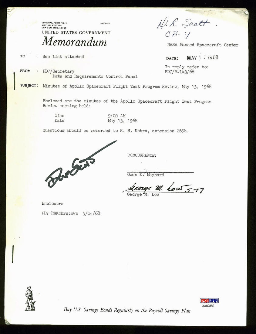 David Scott Signed Used 1968 Apollo Spacecraft Review PSA/DNA #AA82889: David Scott Signed Used 1968 Apollo Spacecraft Review PSA/DNA #AA82889 Autograph Authentication: PSA/DNA Product Coa: PSA/DNA Product Signed By Name: Dave Scott Pre-Owned While the lot images are repr