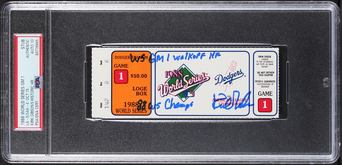 Dodgers Kirk Gibson "2x Insc" Signed 1988 WS Game 1 Ticket Auto 10 PSA Slabbed 1: Dodgers Kirk Gibson "2x Insc" Signed 1988 WS Game 1 Ticket Auto 10 PSA Slabbed 1 Sport: Baseball Original/Reprint: Original Player: Kirk Gibson Team: Los Angeles Dodgers Autograph Authentication: PSA