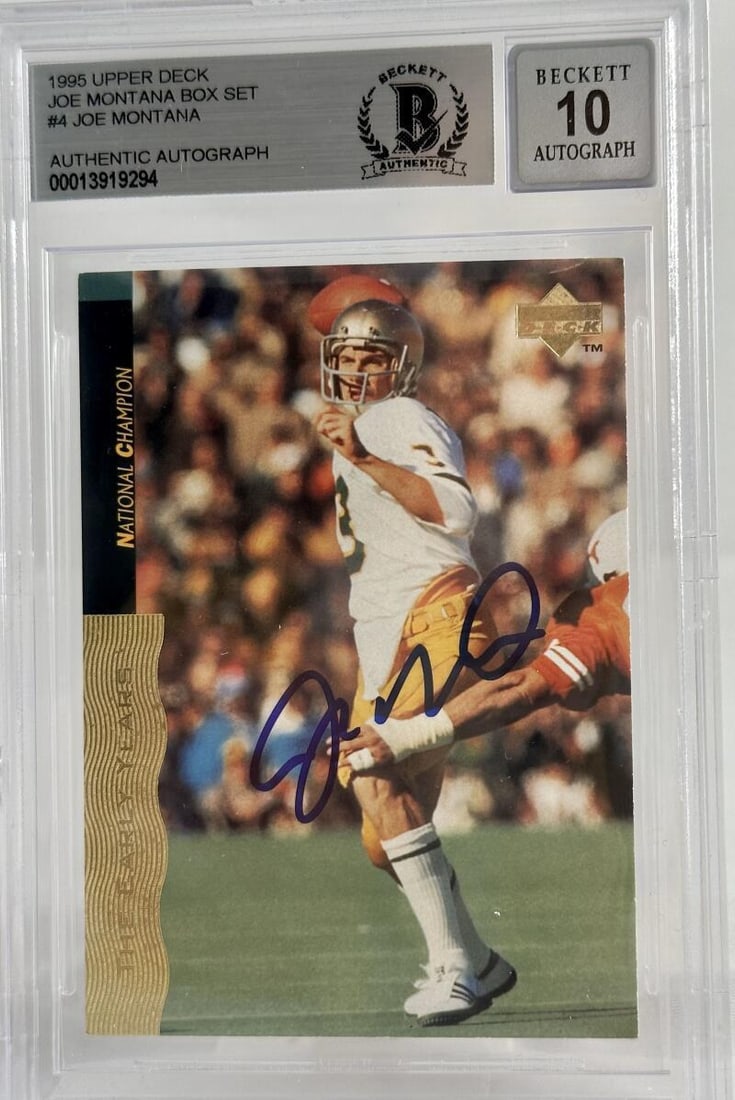 1995 Upper Deck Box Set #4 Joe Montana Auto Notre Dame BAS Autograph 10: 1995 Upper Deck Box Set #4 Joe Montana Auto Notre Dame BAS Autograph 10 Graded: No Sport: Football Player/Athlete: Joe Montana Manufacturer: Upper Deck Box Set Season: 1995 Features: Autograph Set: 19