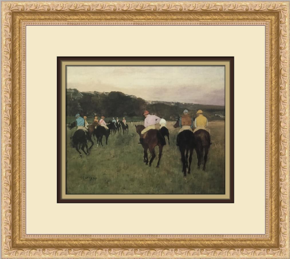 Edgar Degas Racehorses at Longchamp Custom Framed Print: Edgar Degas Racehorses at Longchamp Custom Framed Print Size: Medium Region Of Origin: United States Artist: Edgar Degas Production Technique: Offset Lithograph Framing: Matted & Framed Style: Impress