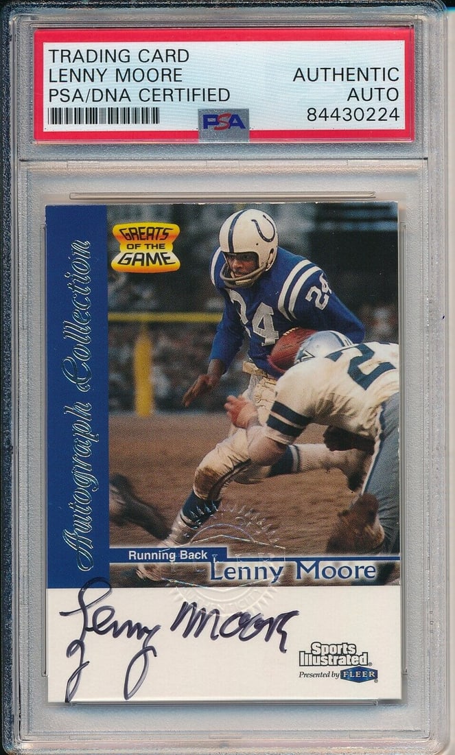 Lenny Moore Baltimore Colts Signed/Autographed 1999 Fleer Card PSA/DNA 164168: Lenny Moore Baltimore Colts Signed/Autographed 1999 Fleer Card PSA/DNA 164168 Sport: Football Product: Photo Original/Reprint: Original Team: Baltimore Colts Autograph Authentication: PSA/DNA League: 