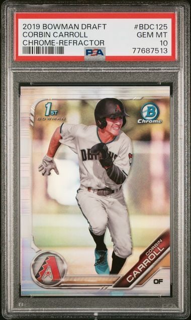 Corbin Carroll 2019 Bowman Chrome Draft RC Refractor BDC125 PSA 10 GEM MT: Corbin Carroll 2019 Bowman Chrome Draft RC Refractor BDC125 PSA 10 GEM MT Sport: Baseball Player/Athlete: Corbin Carroll Manufacturer: Bowman Chrome Draft League: MLB Team: Arizona Diamond Backs Card 