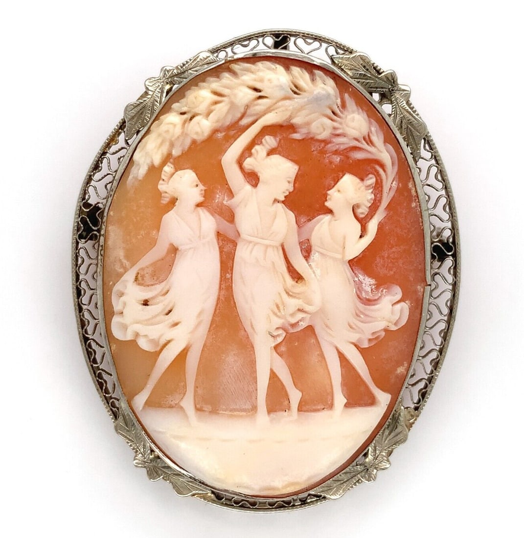14k Gold Genuine Natural Shell Cameo Pin The Three Graces Figural: 14k Gold Genuine Natural Shell Cameo Pin The Three Graces Figural Type: Pin Metal Purity: 14k Color: Brown Cream Gold Base Metal: Yellow Gold Material: Metal Main Stone Color: Brown Cream Metal: Yello